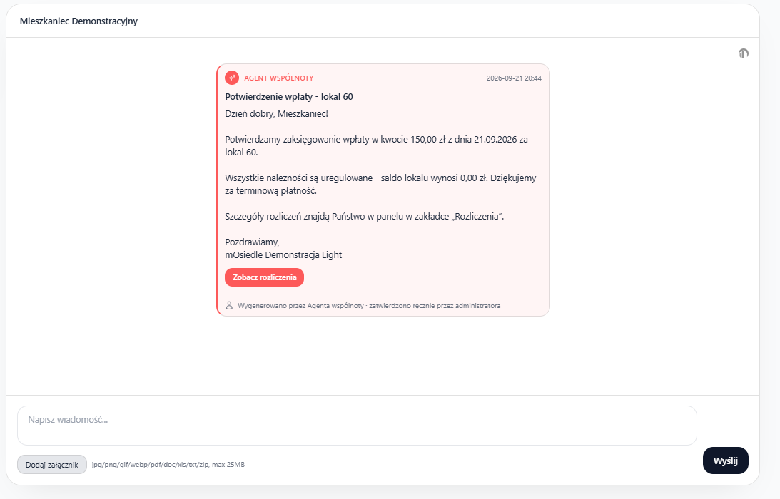 Wiadomość od agenta wspólnoty w skrzynce mieszkańca, z przyciskiem Zobacz rozliczenia i dopiskiem, że zatwierdził ją administrator