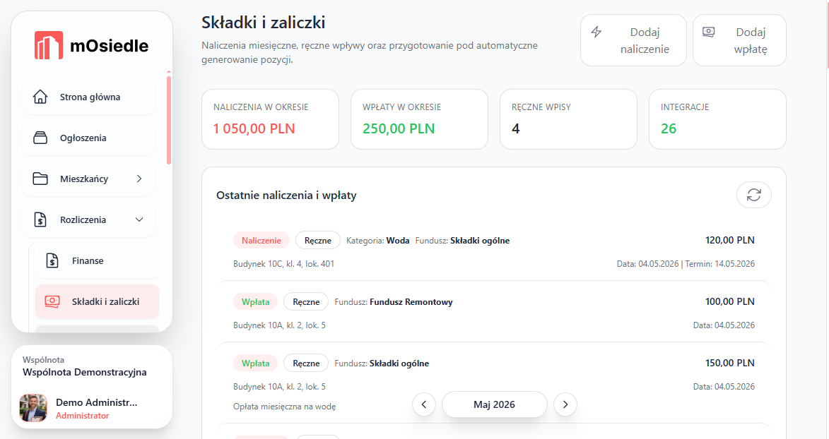 Moduł rozliczeń w panelu mOsiedle - naliczenia i wpłaty