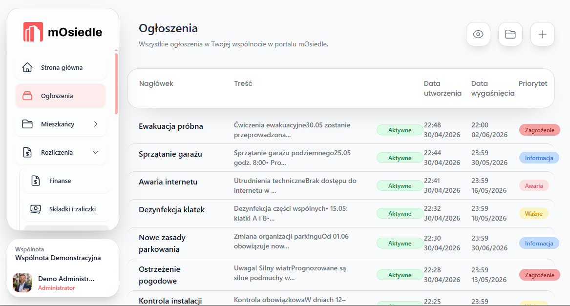Lista ogłoszeń wspólnoty w panelu mOsiedle - z etykietami i priorytetami