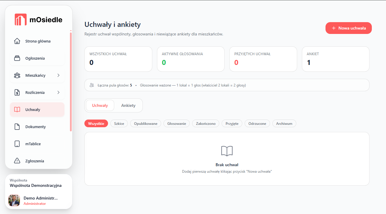 Moduł uchwał i ankiet w panelu mOsiedle